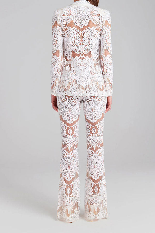 storexq Sequined Decor Glamorous See-Through Lace Pant Suit