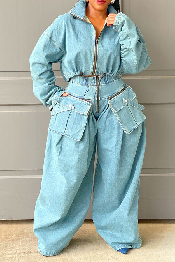 storexq Solid Color Denim Cool Drawstring Patch Pocket Pant Suit