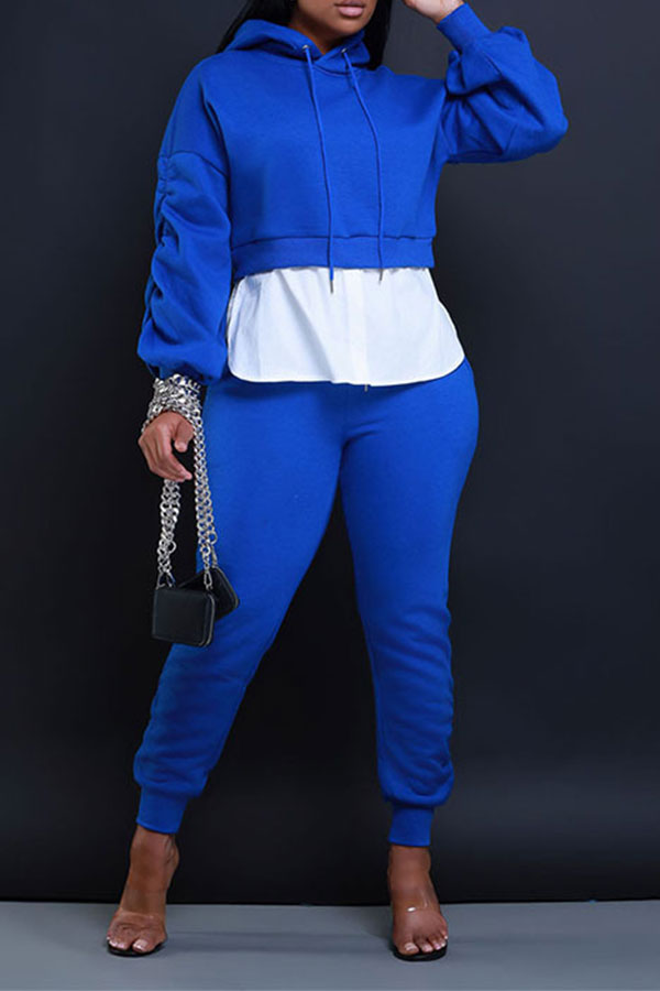 storexq Hit Color Patchwork Casual Hooded Pant Suit