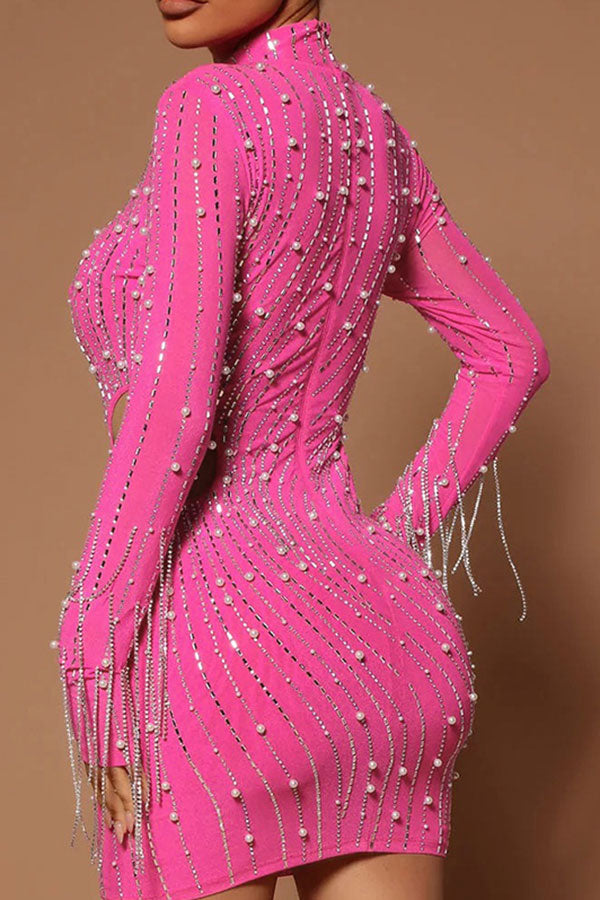 storexq Rhinestone Tassel Romantic Cutout Waist Mini Dress