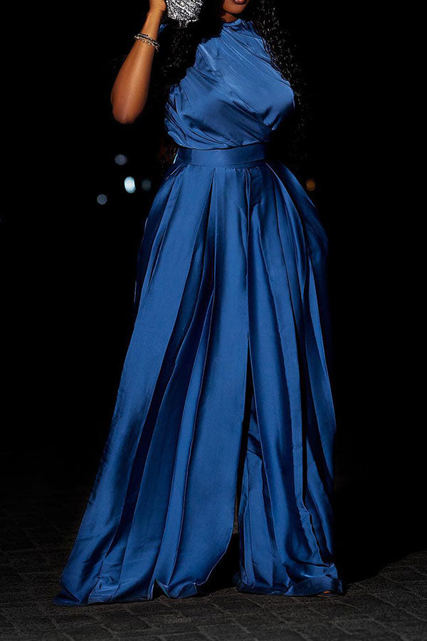 storexq Solid Color Sleeveless Pretty Pleated Wide Leg Jumpsuit