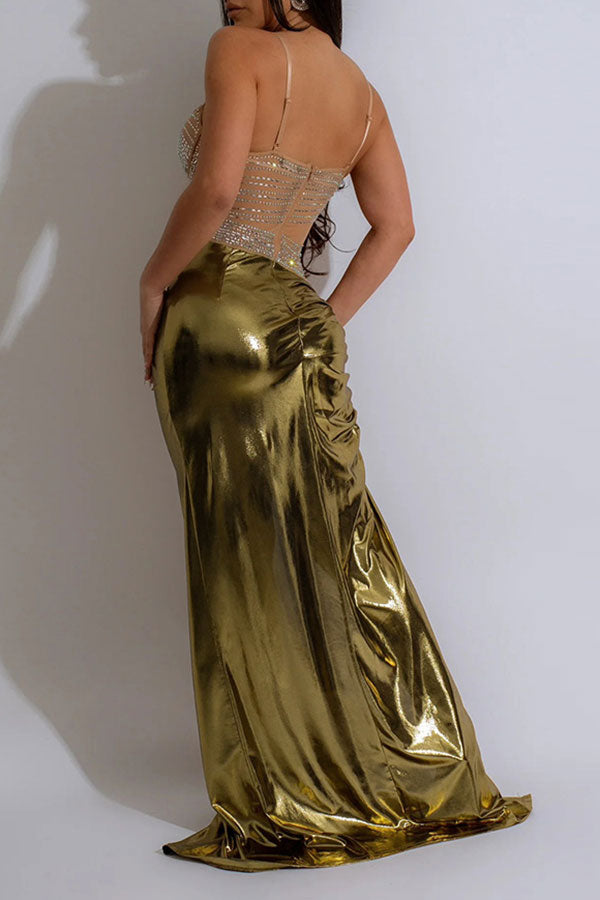 storexq Patchwork Rhinestone Bright Metallic Twisted High Split Maxi Dress