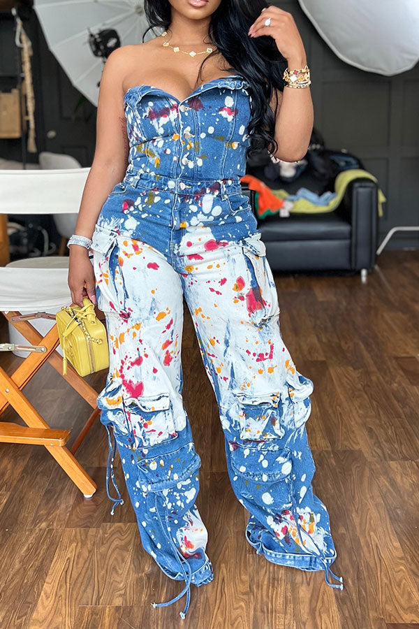 storexq Splash Ink Print Denim Strapless Casual Multi Pocket Jumpsuit