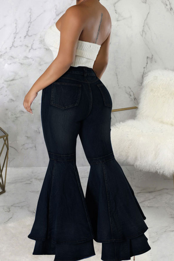 storexq Solid Color Pretty Layered Bell Bottoms Jeans