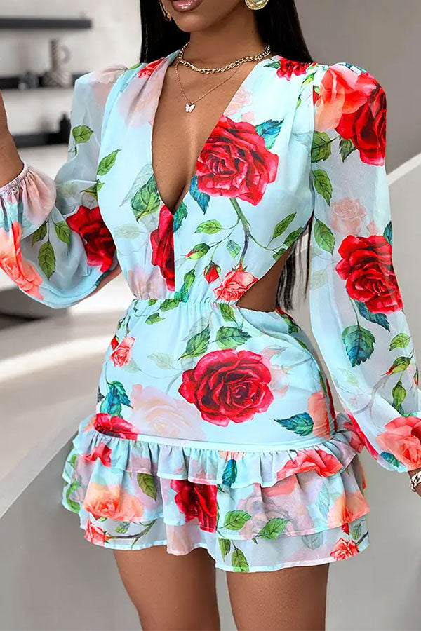 storexq Floral Print Side Cutout Elegant Ruffles Mini Dress