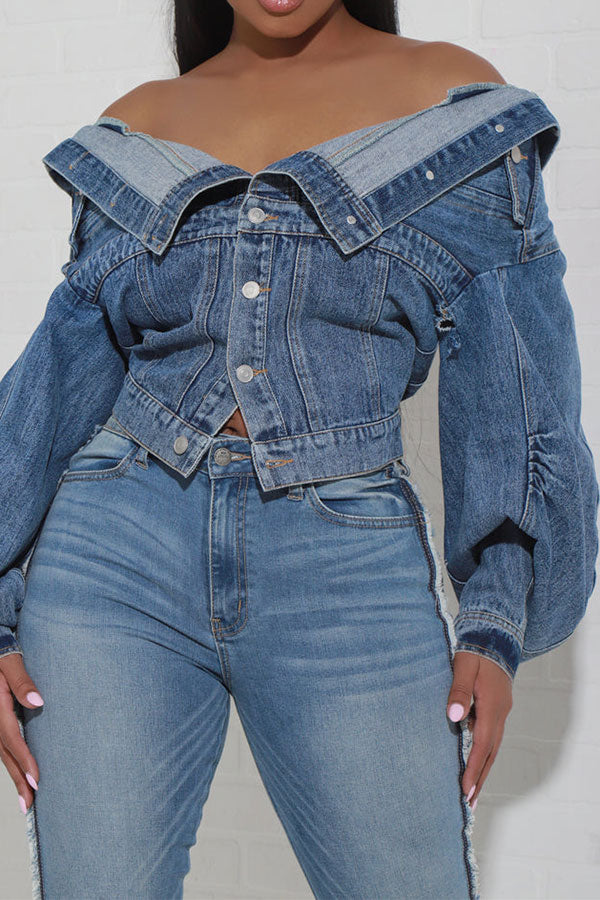 storexq Patchwork Off Shoulder Versatile Denim Jacket