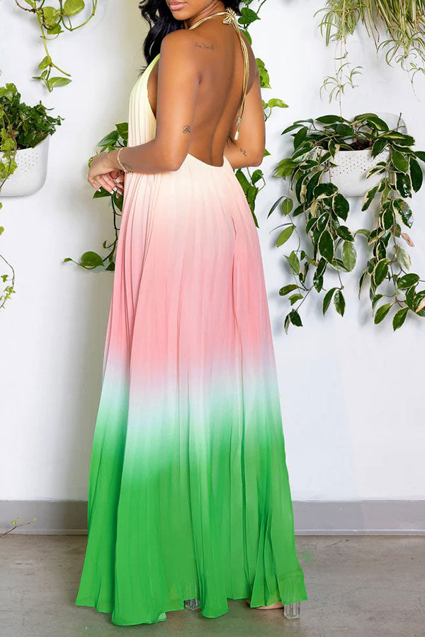 storexq Gradient Simple Backless Flowy Pleated Maxi Dress