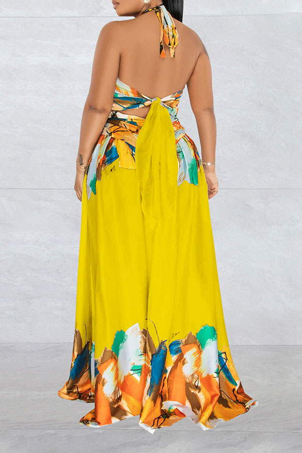 storexq Graffiti Print Tropical Strappy Cutout Open Back Maxi Dress