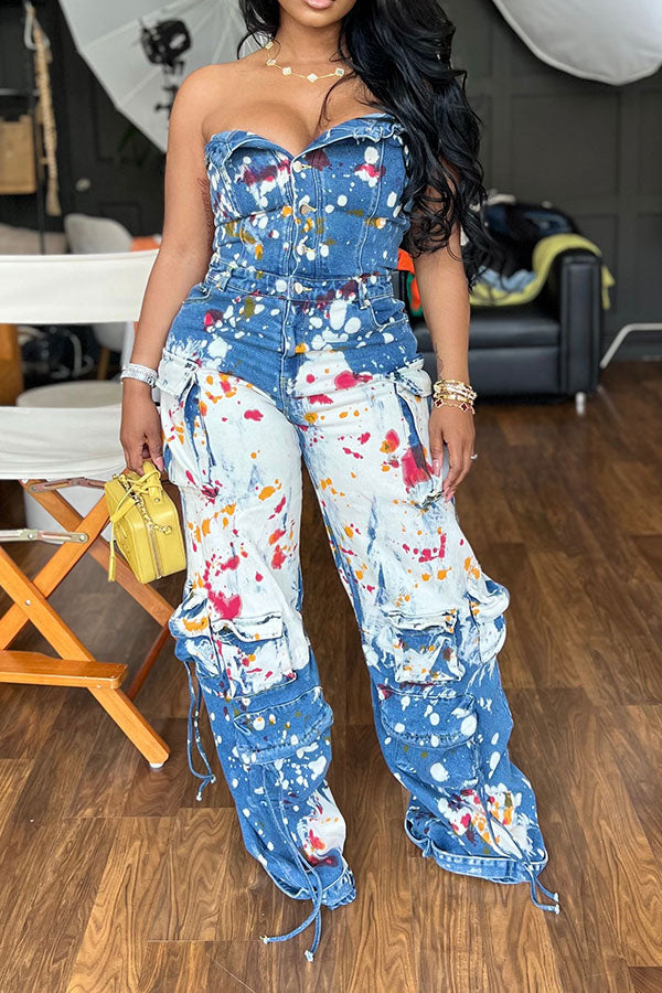 storexq Splash Ink Print Denim Strapless Casual Multi Pocket Jumpsuit