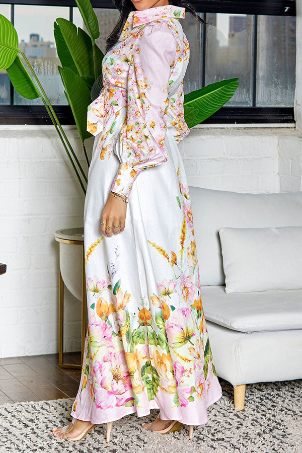 storexq Floral Print Retro Belted Side Split Midi Dress