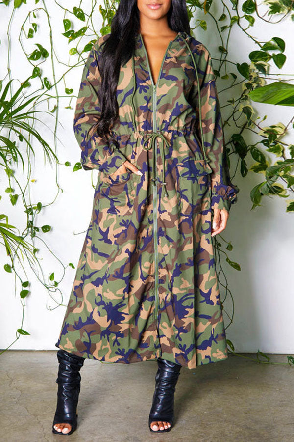 storexq Camouflage Classic Drawstring Hooded Trench Coat