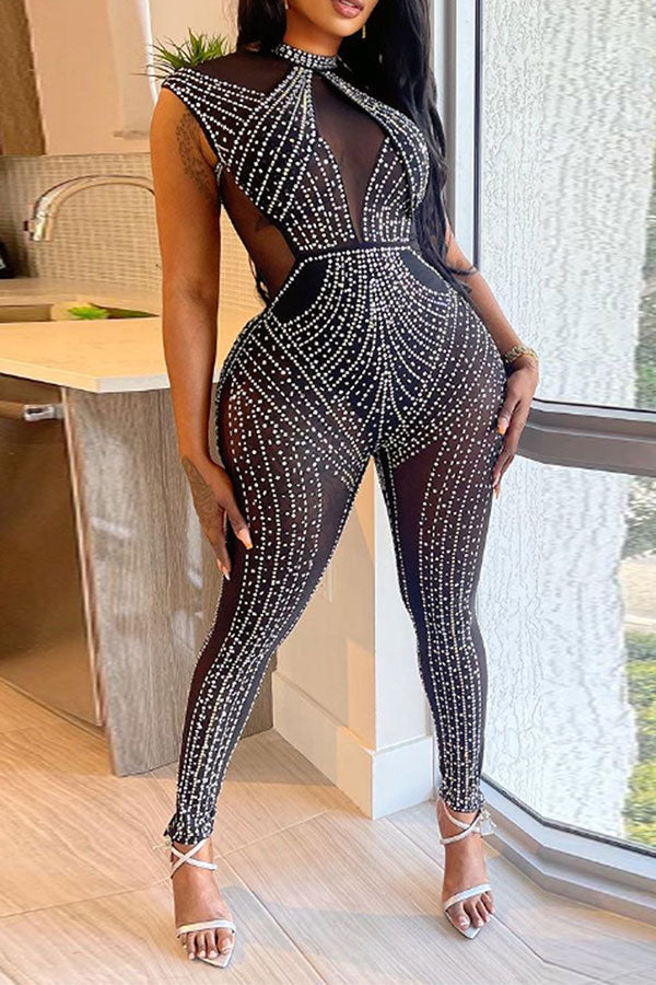 storexq Rhinestone Classic See-Through Bodycon Jumpsuit