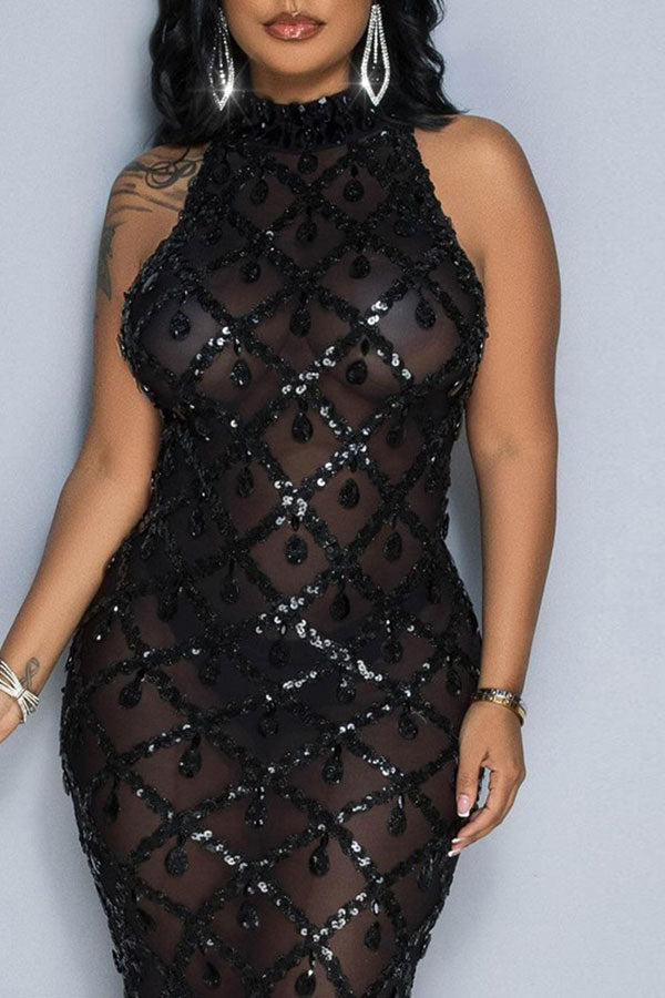 storexq Grid Rhinestone Sophisticated Split Back Midi Dress