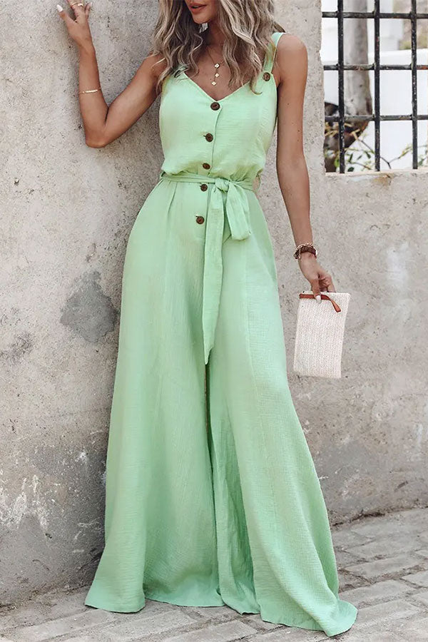 storexq Solid Color Classic Casual Wear Button Belted Jumpsuit