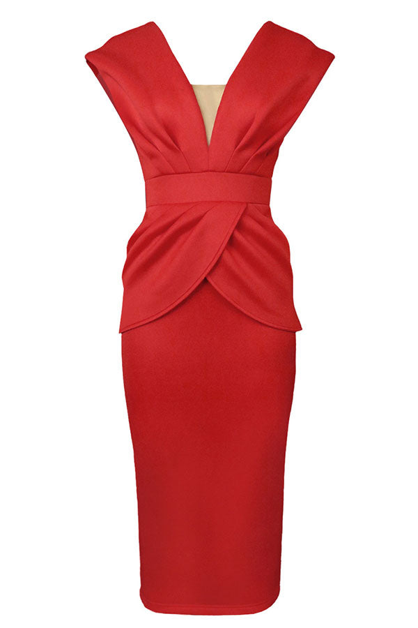 storexq Solid Color Feminine Draped Midi Dress