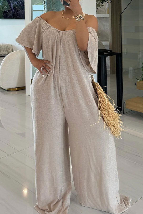 storexq Solid Color Off Shoulder Laid Back Wide Leg Jumpsuit