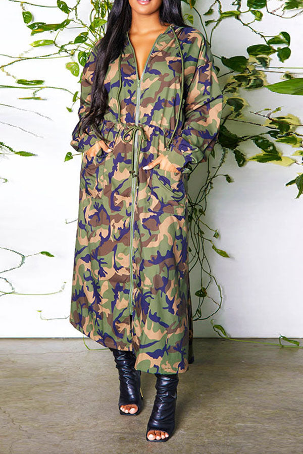 storexq Camouflage Classic Drawstring Hooded Trench Coat