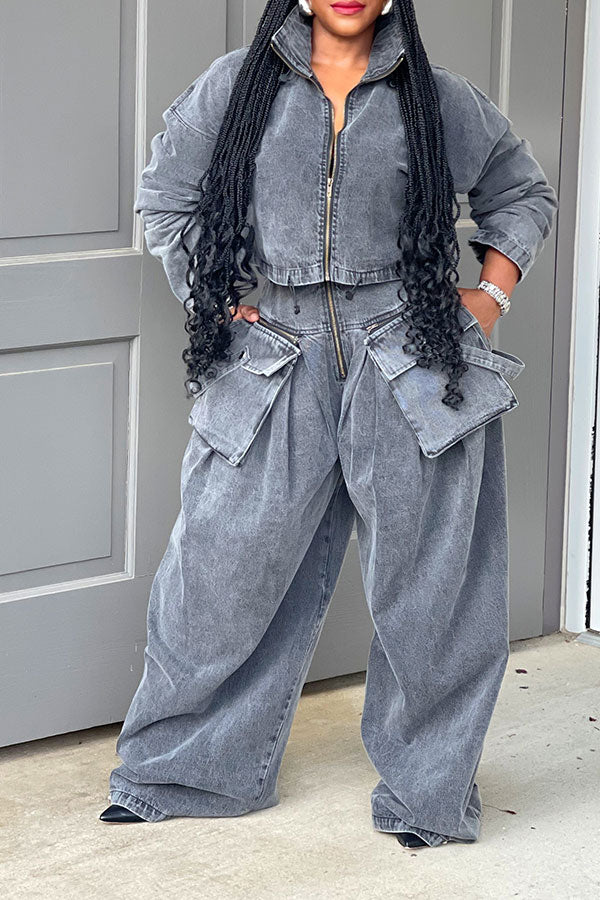 storexq Solid Color Denim Cool Drawstring Patch Pocket Pant Suit