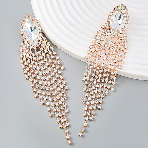 storexq Rhinestone Shimmery Tassel Willow-Leaf Shaped Earrings