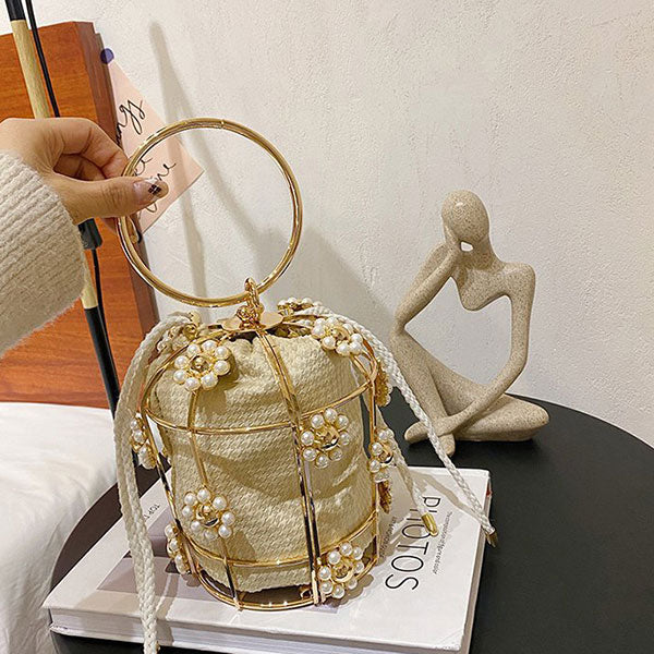 storexq Pearls Decor Elegant Metallic Bucket Bag