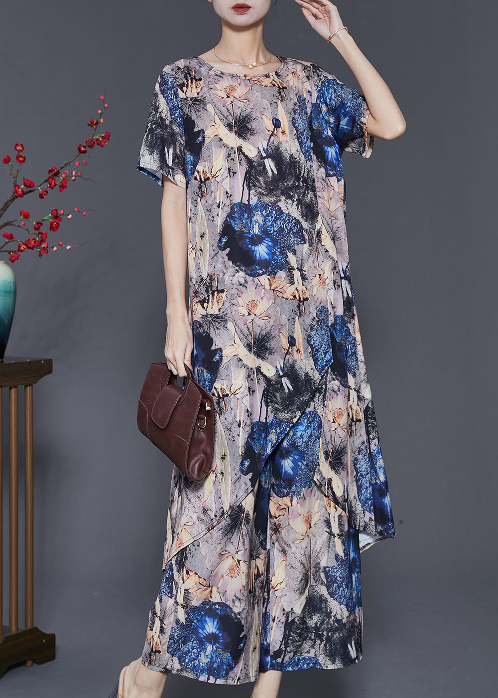 peopleterritory Boho Grey Asymmetrical Print Chiffon 2 Piece Outfit Summer SD1013