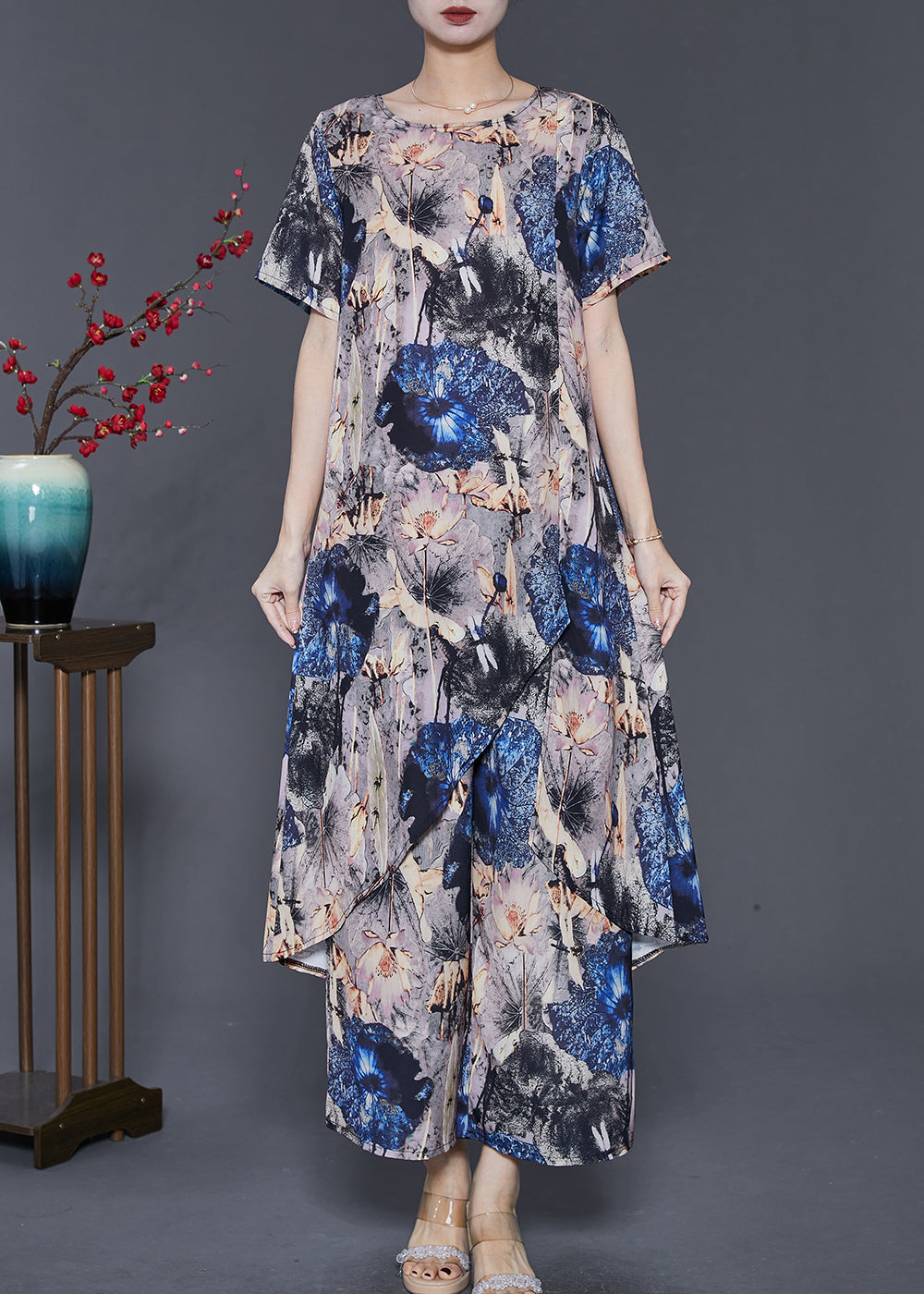 peopleterritory Boho Grey Asymmetrical Print Chiffon 2 Piece Outfit Summer SD1013