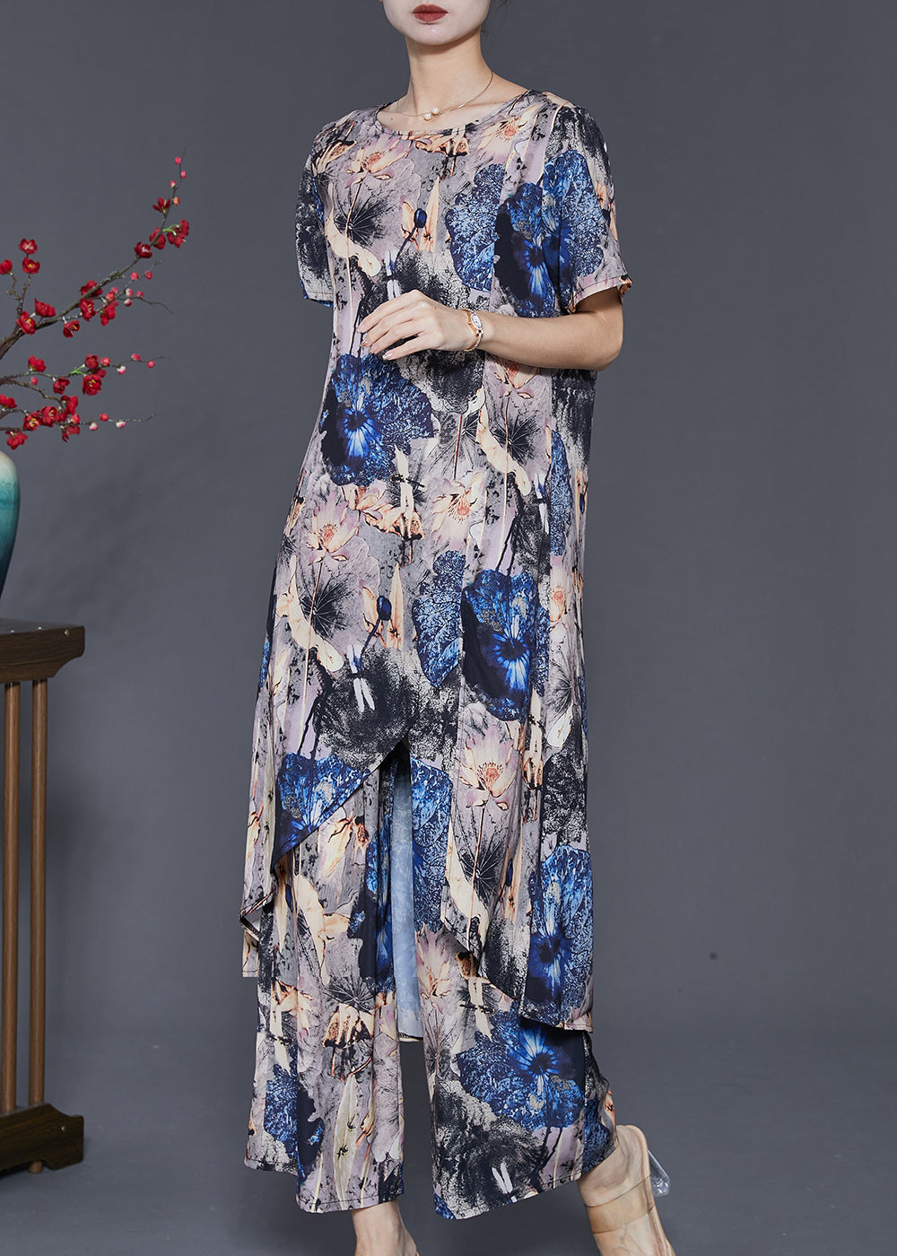 peopleterritory Boho Grey Asymmetrical Print Chiffon 2 Piece Outfit Summer SD1013