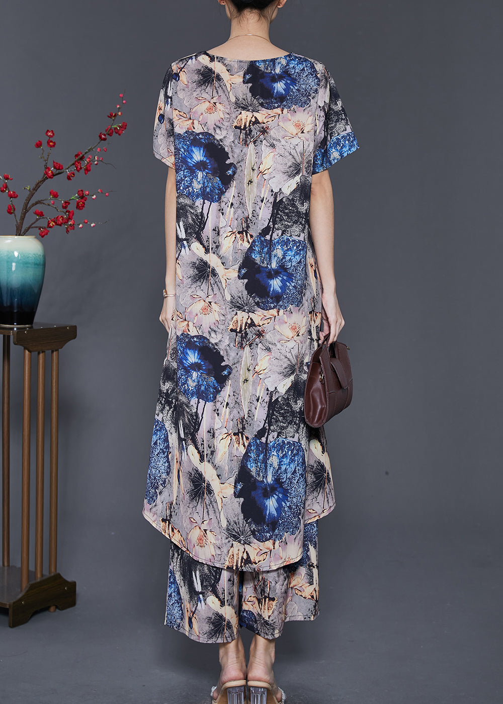 peopleterritory Boho Grey Asymmetrical Print Chiffon 2 Piece Outfit Summer SD1013