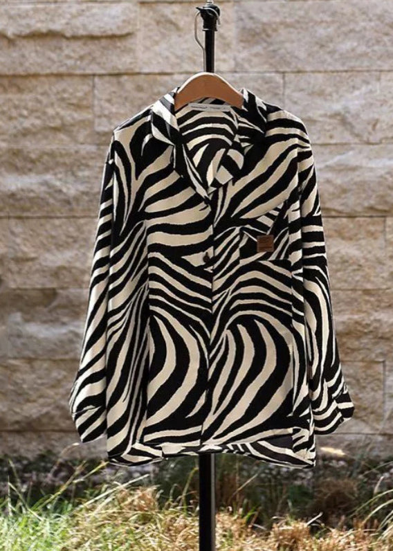 peopleterritory Boutique Zebra Pattern Peter Pan Collar Button Two Piece Set Long Sleeve XS1018