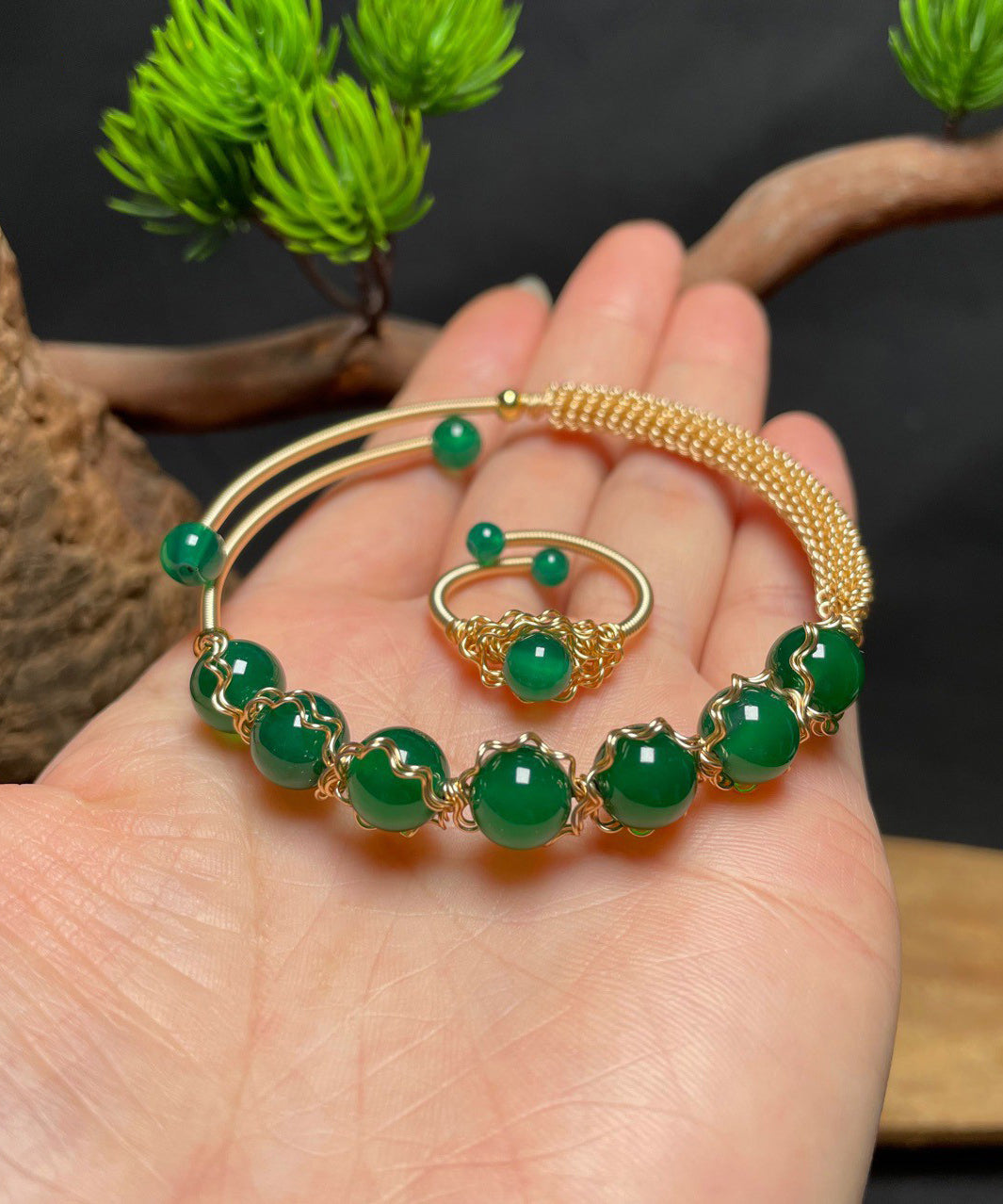 peopleterritory Classy Green Sterling Silver Overgild Agate Cuff Two piece Set GH1066