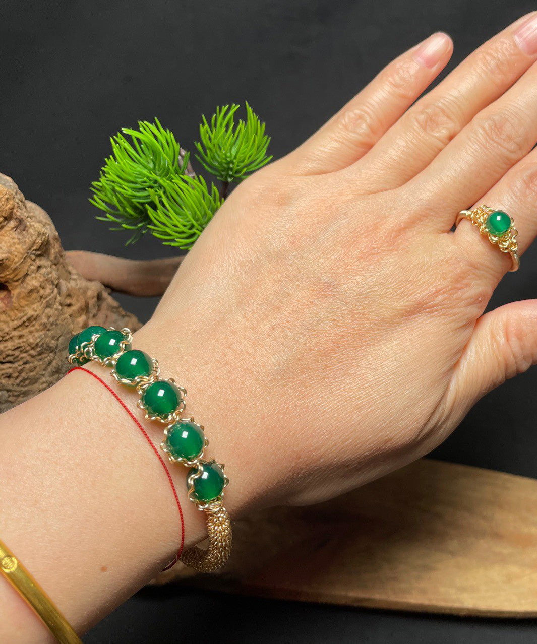 peopleterritory Classy Green Sterling Silver Overgild Agate Cuff Two piece Set GH1066
