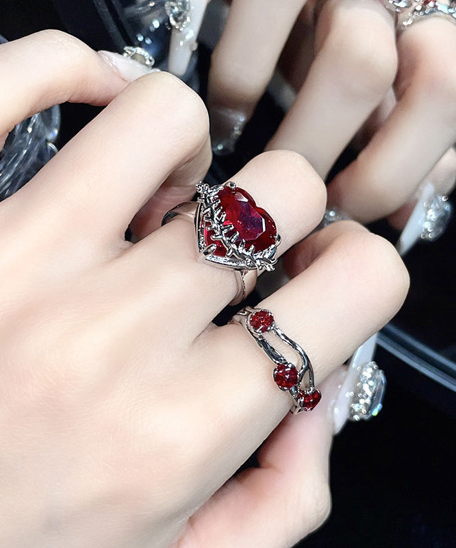 peopleterritory DIY Red Stainless Steel Zircon Rose And Love Rings Two piece Set GH1071