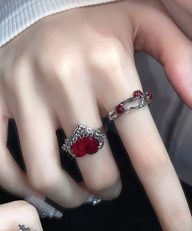 peopleterritory DIY Red Stainless Steel Zircon Rose And Love Rings Two piece Set GH1071