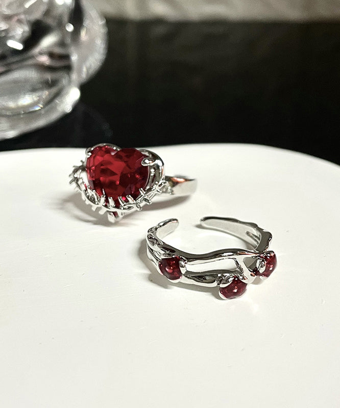 peopleterritory DIY Red Stainless Steel Zircon Rose And Love Rings Two piece Set GH1071