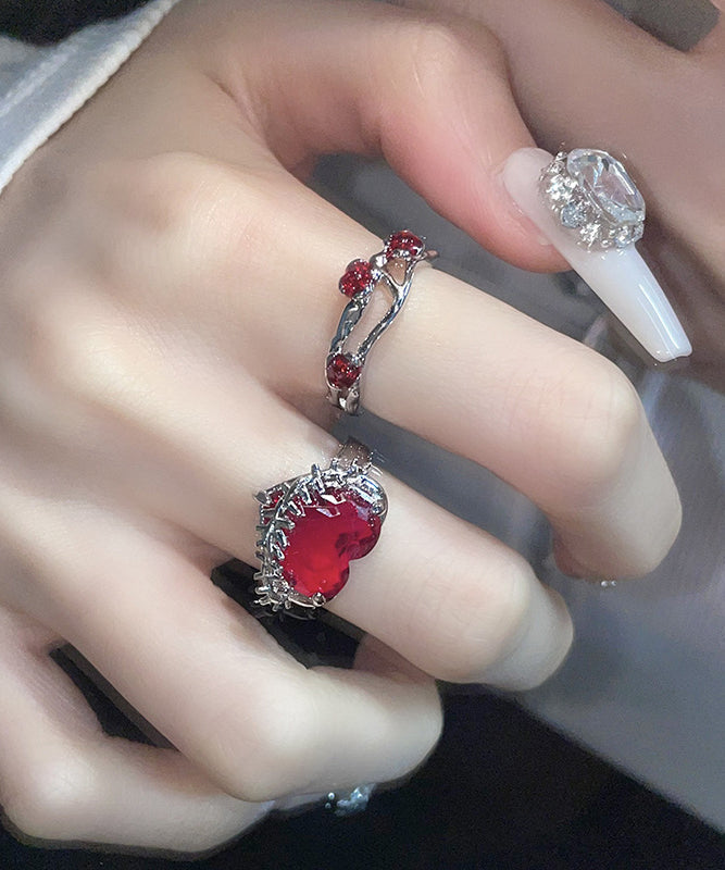 peopleterritory DIY Red Stainless Steel Zircon Rose And Love Rings Two piece Set GH1071