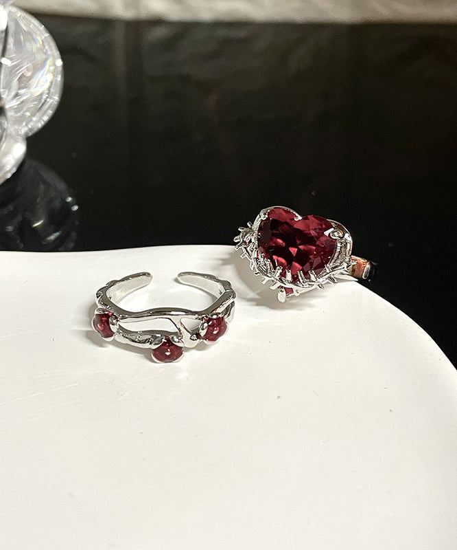 peopleterritory DIY Red Stainless Steel Zircon Rose And Love Rings Two piece Set GH1071