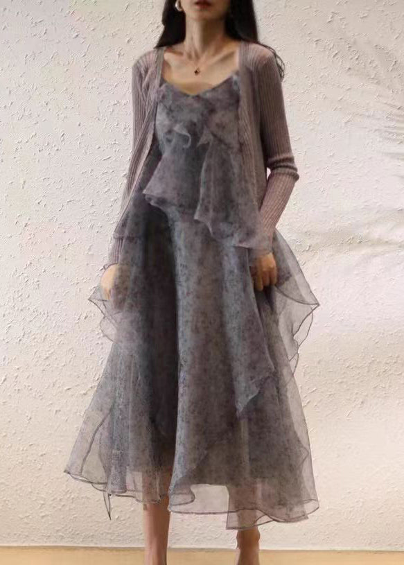 peopleterritory Elegant Purple Ruffled Print Chiffon Sets 2 Pieces Spring AA1053