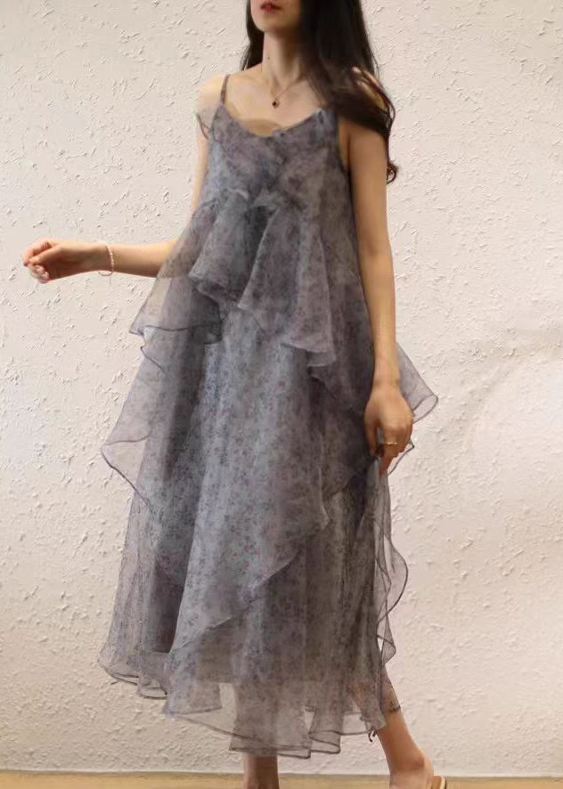 peopleterritory Elegant Purple Ruffled Print Chiffon Sets 2 Pieces Spring AA1053