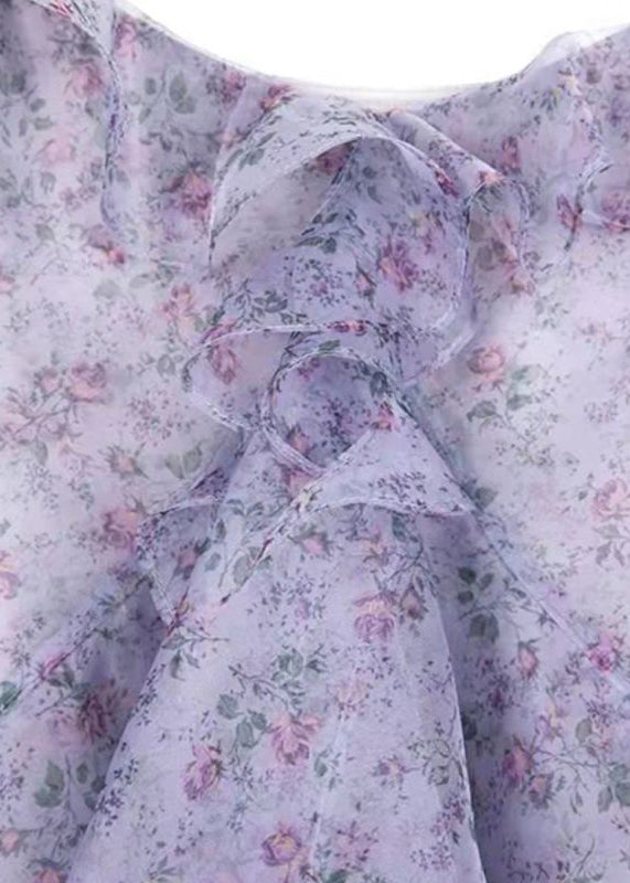 peopleterritory Elegant Purple Ruffled Print Chiffon Sets 2 Pieces Spring AA1053