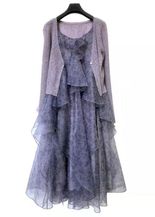 peopleterritory Elegant Purple Ruffled Print Chiffon Sets 2 Pieces Spring AA1053