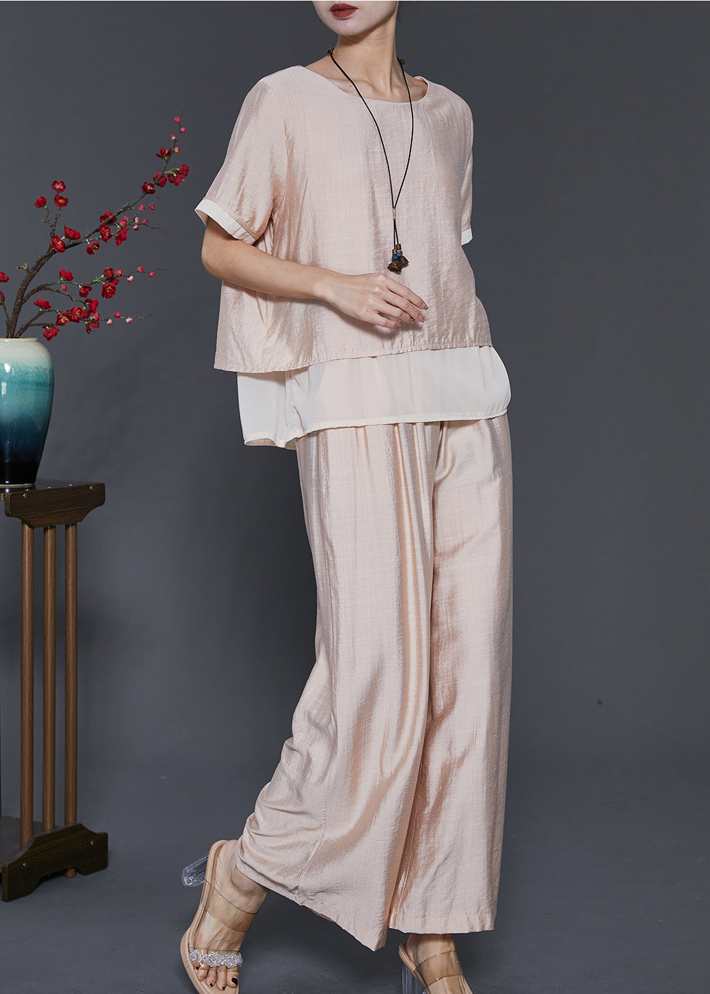 peopleterritory French Champagne Oversized Patchwork Linen Silk 2 Piece Outfit Summer SD1081