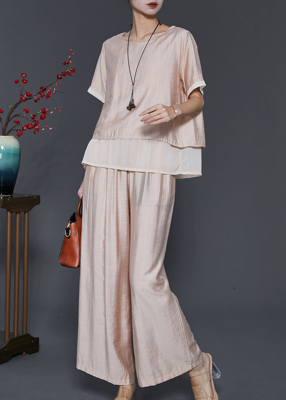 peopleterritory French Champagne Oversized Patchwork Linen Silk 2 Piece Outfit Summer SD1081