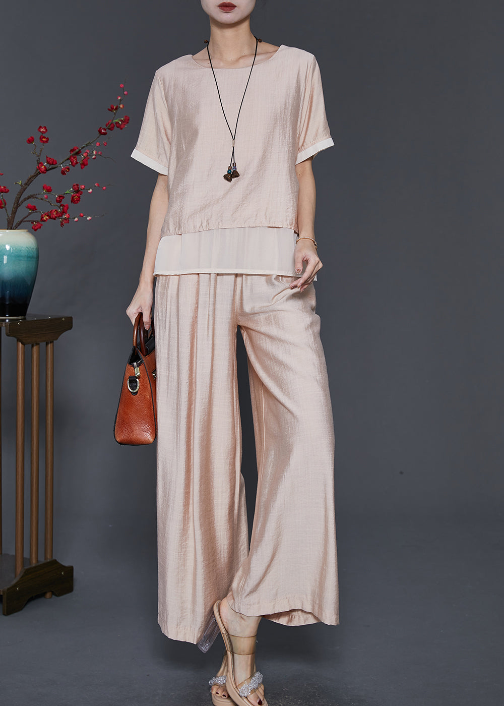 peopleterritory French Champagne Oversized Patchwork Linen Silk 2 Piece Outfit Summer SD1081