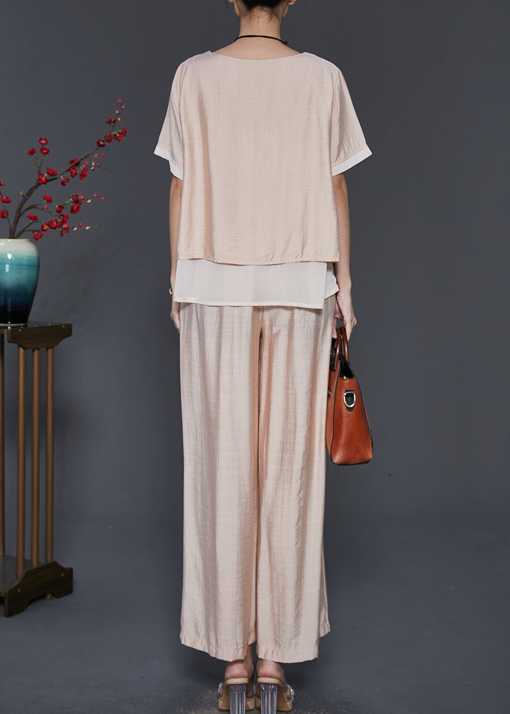 peopleterritory French Champagne Oversized Patchwork Linen Silk 2 Piece Outfit Summer SD1081