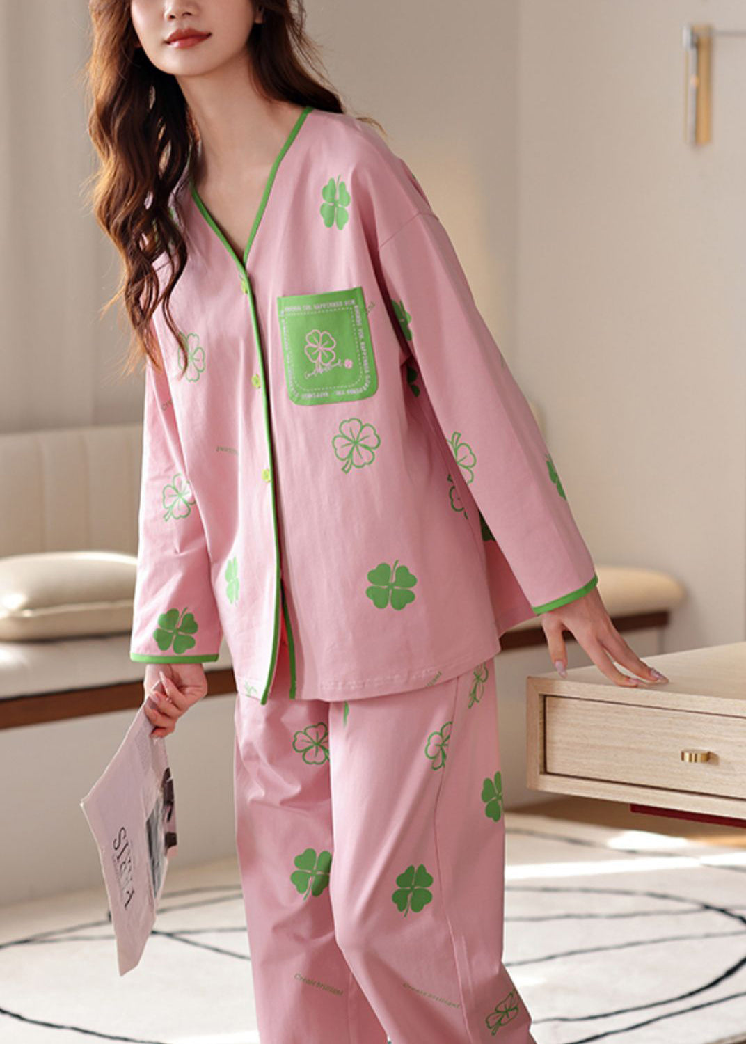 peopleterritory French Pink V Neck Print Patchwork Two Piece Set Spring XS1019