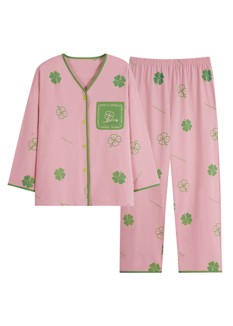 peopleterritory French Pink V Neck Print Patchwork Two Piece Set Spring XS1019