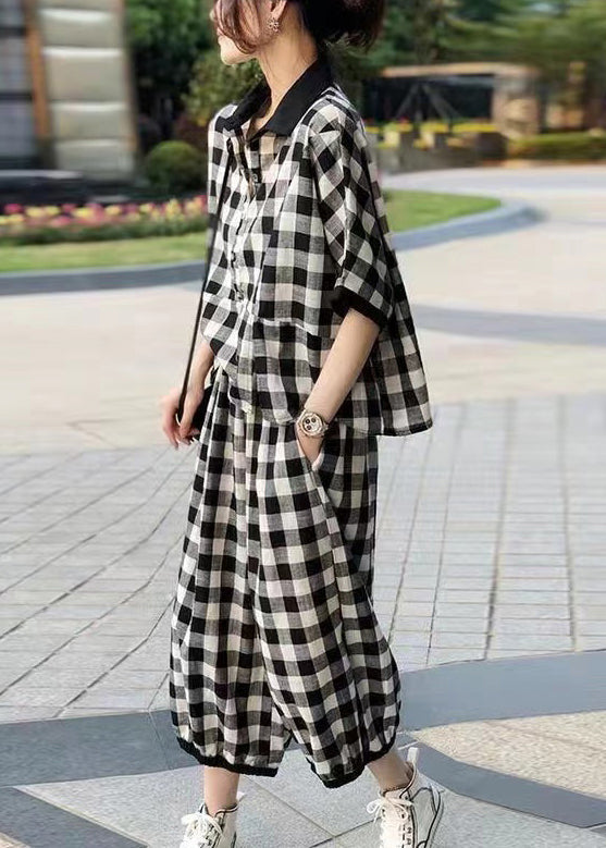 peopleterritory French Plaid Button Pockets Cotton Two Piece Set Half Sleeve AA1035