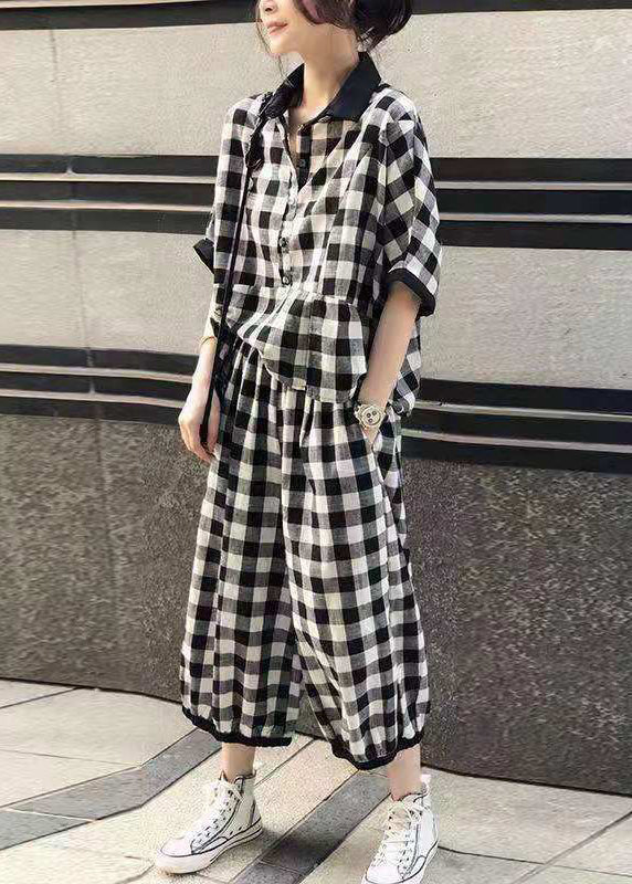 peopleterritory French Plaid Button Pockets Cotton Two Piece Set Half Sleeve AA1035