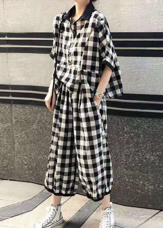 peopleterritory French Plaid Button Pockets Cotton Two Piece Set Half Sleeve AA1035