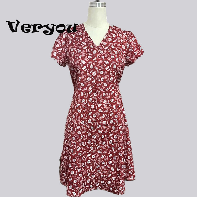 New Summer V Neck Floral Print Party Dress Women Vintage Sleeveless Tank Mini Dress Spring Loose Plus Size A-Line Dress